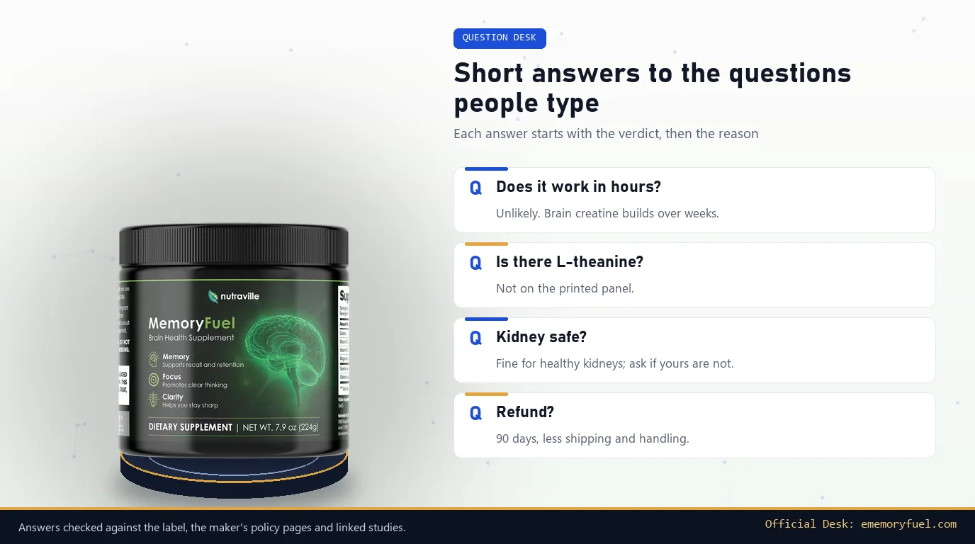 MemoryFuel jar beside four question cards on timing, L-theanine, kidney safety and refunds